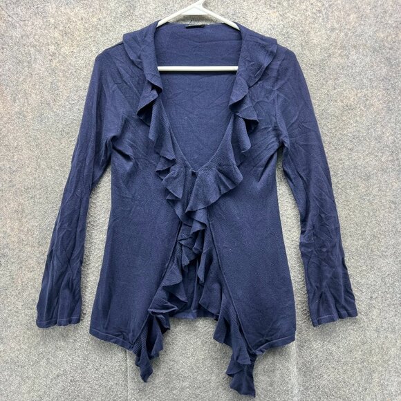 Magaschoni Cardigan Womens Small Navy Long Sleeve Ruffle Open Front Lightweight - Picture 1 of 12